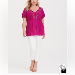 Torrid Embroidered Floral Crepe Babydoll Top Boho Peasant Rose Pink 2X